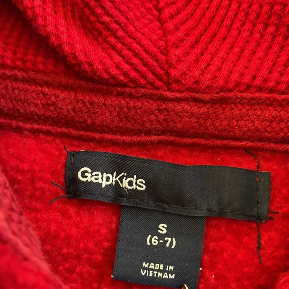 GapKids red hooded, full zip sweatshirt with gray, blue & white GAP.  Size small